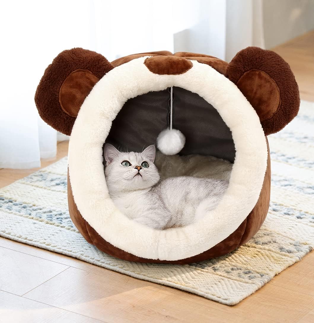 Cat Beds for Indoor Cats -Bear Animal-Shaped Cat Cave Bed with Toy ,Brown L