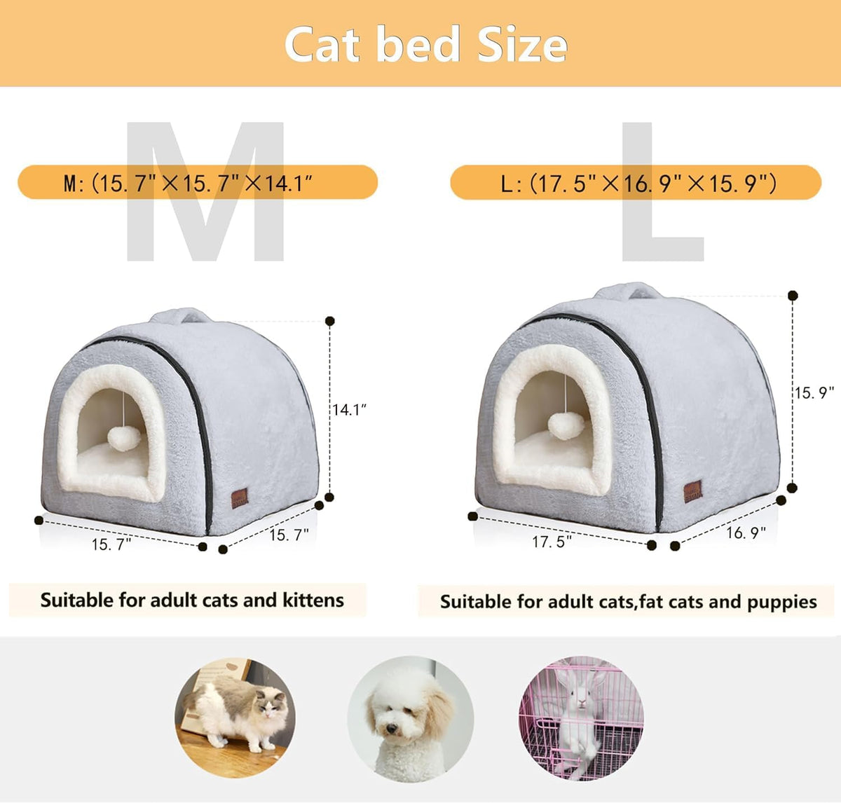Cat Bed for Indoor Cats，Foldable cat cave，Anti-Slip & Water-Resistant Bottom，cat Houses for Indoor Cats or Small Dogs, Kitten Tent, Rabbit Bed，2 in 1 pet Bed (Grey)