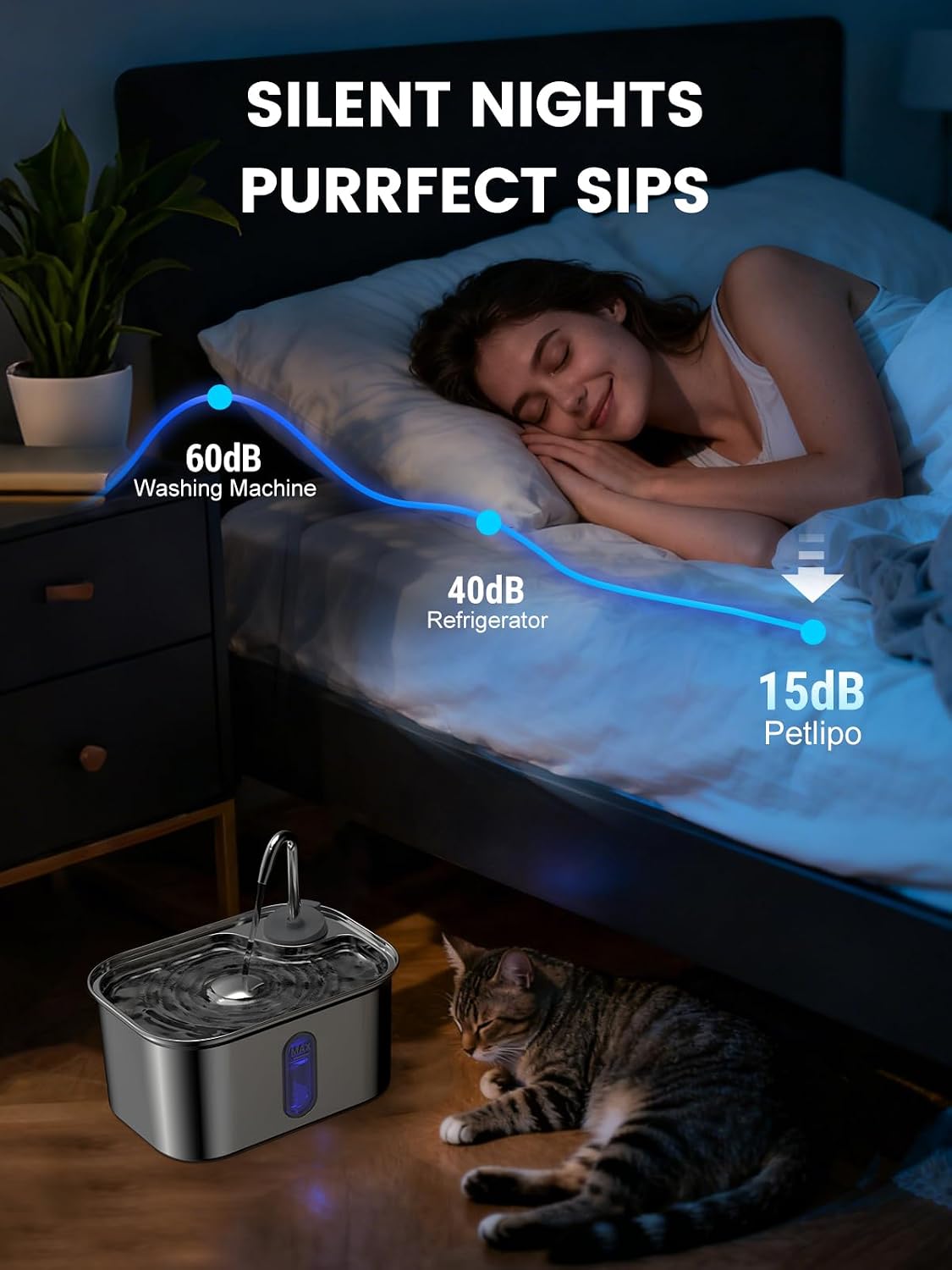 Cat Water Fountain Stainless Steel for Cats Indoor 2.5L 85oz by BPA-Free SUS304, Effective 6-Layer Filter Cat Fountain for Drinking 15dB Ultra Quiet Metal Pet Water Fountain (Fountain+4 Filters)