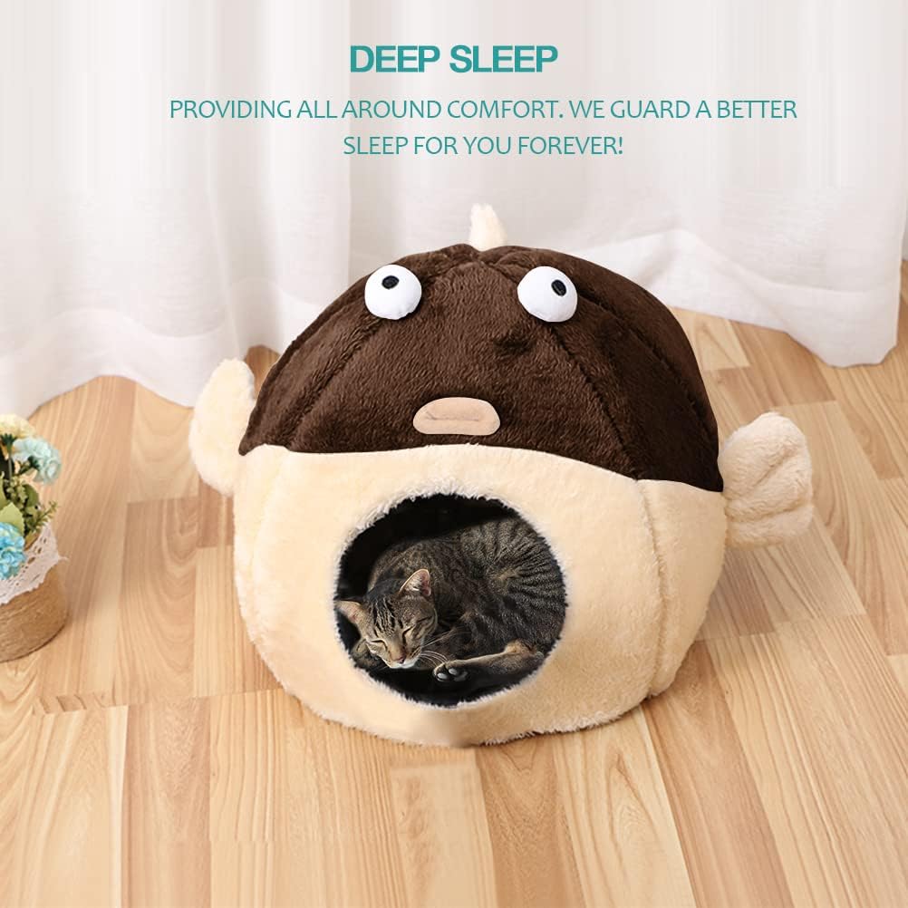 Cat Beds for Indoor Cats-Cat Bed Cave,Cute Lively Pufferfish Shape,Brown L