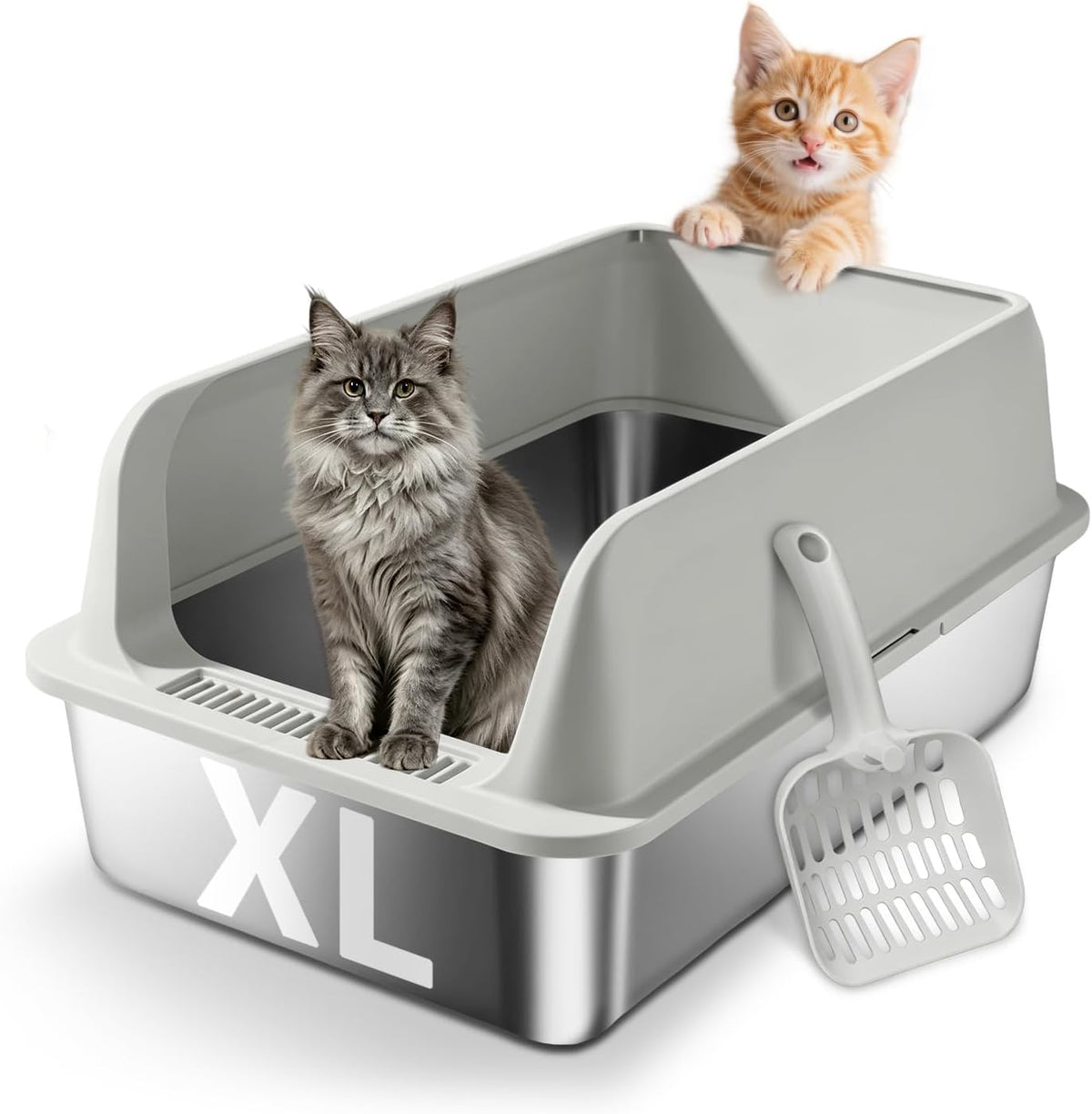 Stainless Steel Cat Litter Box, 2-Piece XL Enclosed Litter Box, Anti-Splash & Leak-Proof Metal Litter Box, Safe Arc Edge Odor Control Design with Scoop for Indoor Multi-Cat Use
