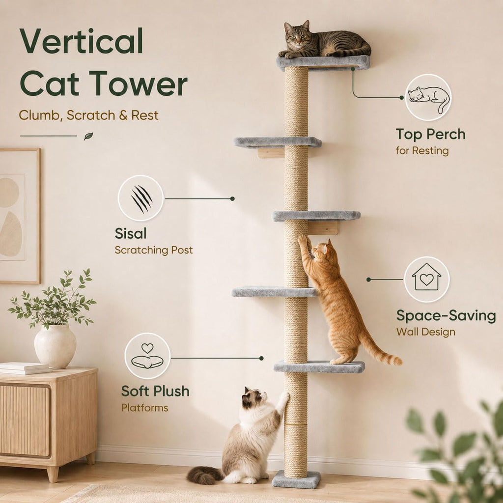 80-Inch Wall-Mounted Cat Tree with Scratching Post & 5 Perches