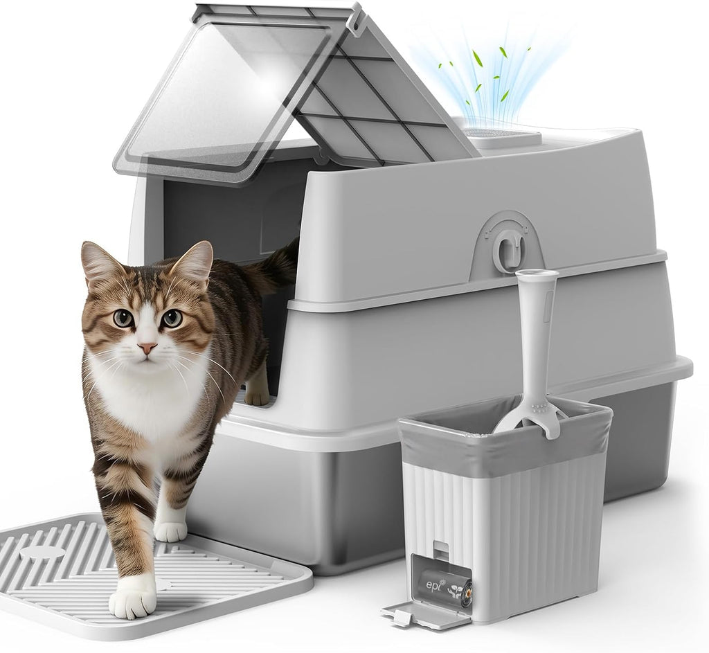 Stainless Steel Litter Box with Lid | Extra Large Enclosed Cat Litter Box | High Sided Metal Litter Boxes for Big Cats | 100% Anti-Urine Leakage | Odor‑Resistant | Non-Stick with Litter Scoop Set & Mat