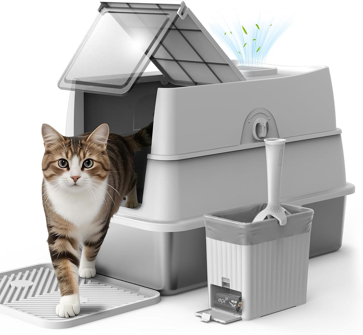 Stainless Steel Litter Box with Lid | Extra Large Enclosed Cat Litter Box | High Sided Metal Litter Boxes for Big Cats | 100% Anti-Urine Leakage | Odor‑Resistant | Non-Stick with Litter Scoop Set & Mat