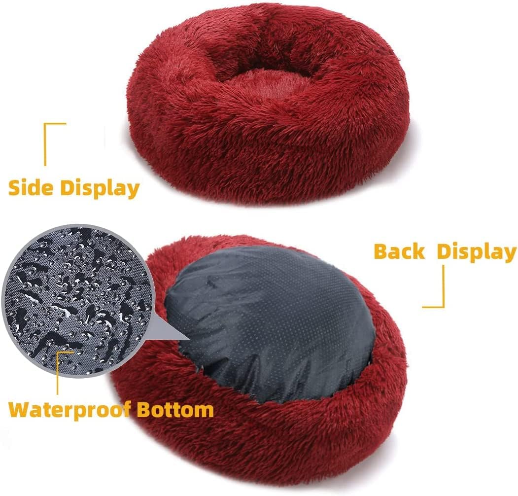Cat Beds for Indoor Cats - Cat Bed Washable 20/24 inches, Dog Beds for Small Medium Dogs, Anti Anxiety Round Fluffy Plush Faux Fur Cat Bed, Thick Bottom (Red, Medium)