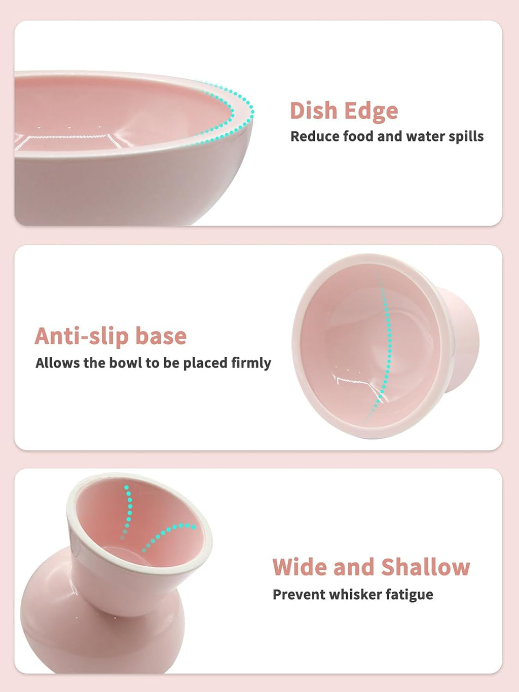 LoeJan Elevated Cat Food and Water Bowls Set, Extra Wide and Raised Ceramic Feeder, Anti-Vomit Whisker-Free Pressure Feeding Bowl for Kittens Adult Cats Small Dogs(Pink, Food Bowl)