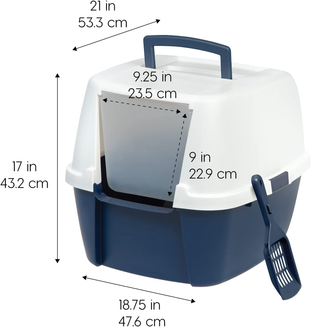 IRIS USA Large Front Door Cat Litter Box, Walk-in Entry, Navy | Nervous Cats, Private Enclosure Design, Covered Walk-Through, Flip Door Access, Privacy Hood, Contained Environment