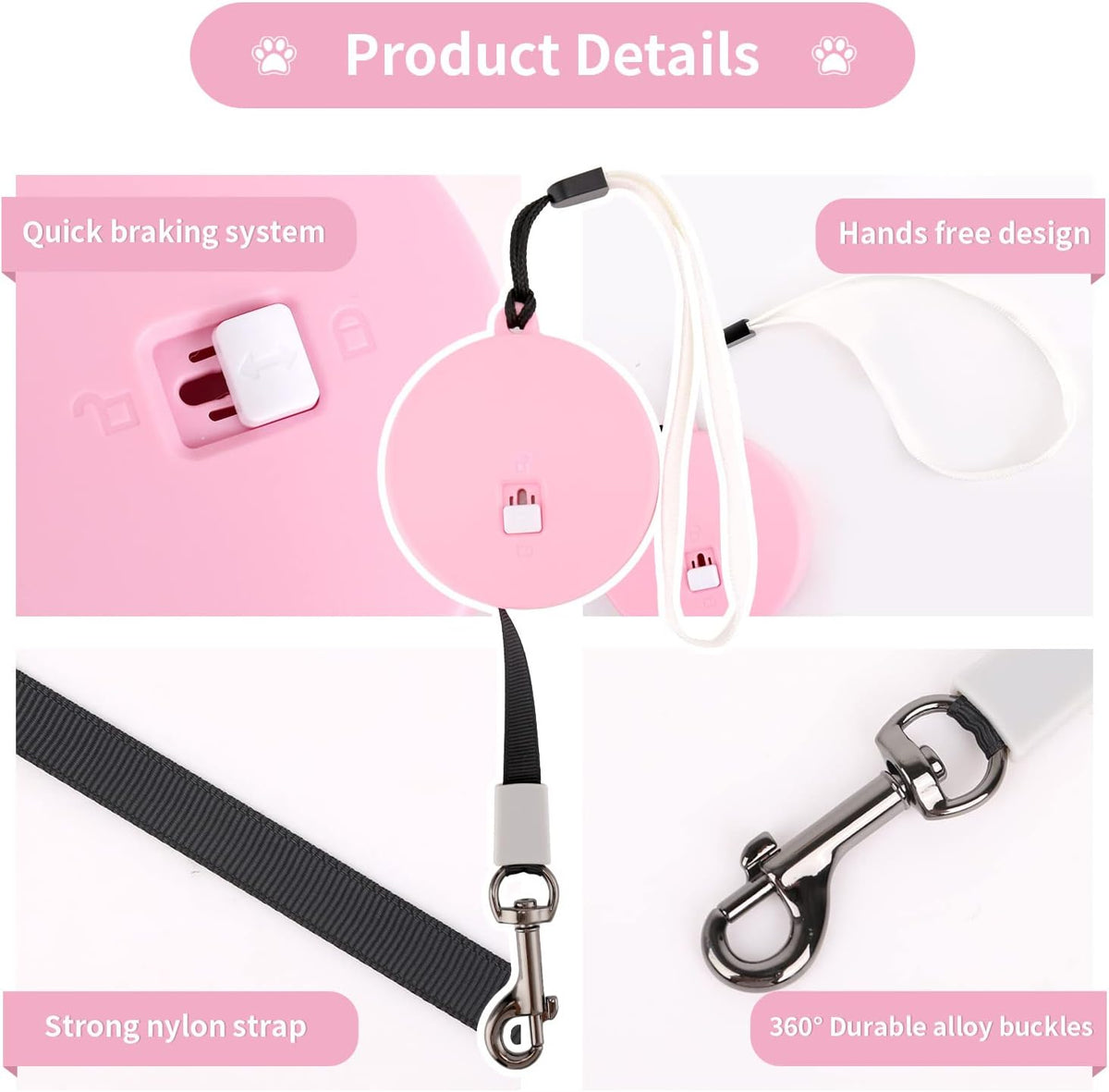 Retractable Dog Leash for Small and Medium Dogs up to 22lbs with 9.8ft Strong Nylon Tape, Hands Free, Portable and Lightweight Leash with Wrist Strap, One-Hand Brake, Tangle Free (Pink)