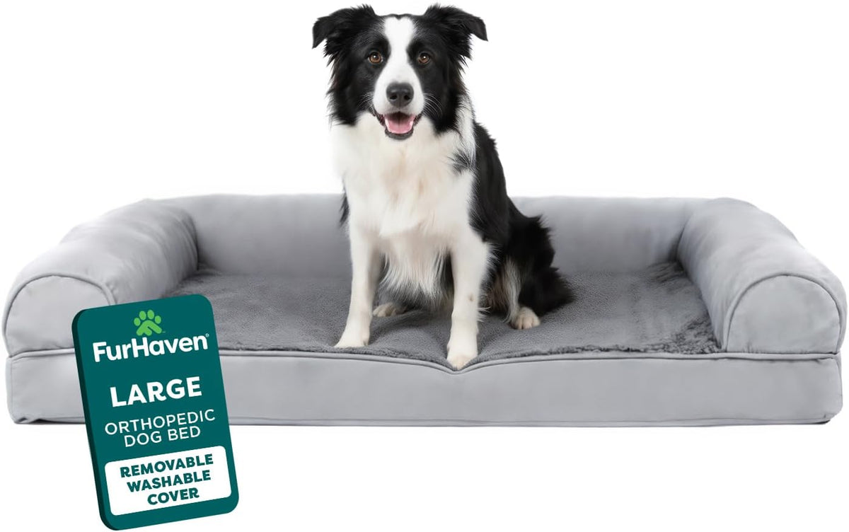 Furhaven Orthopedic Dog Bed for Large/Medium Dogs w/ Removable Bolsters & Washable Cover, For Dogs Up to 55 lbs - Plush & Suede Sofa - Gray, Large