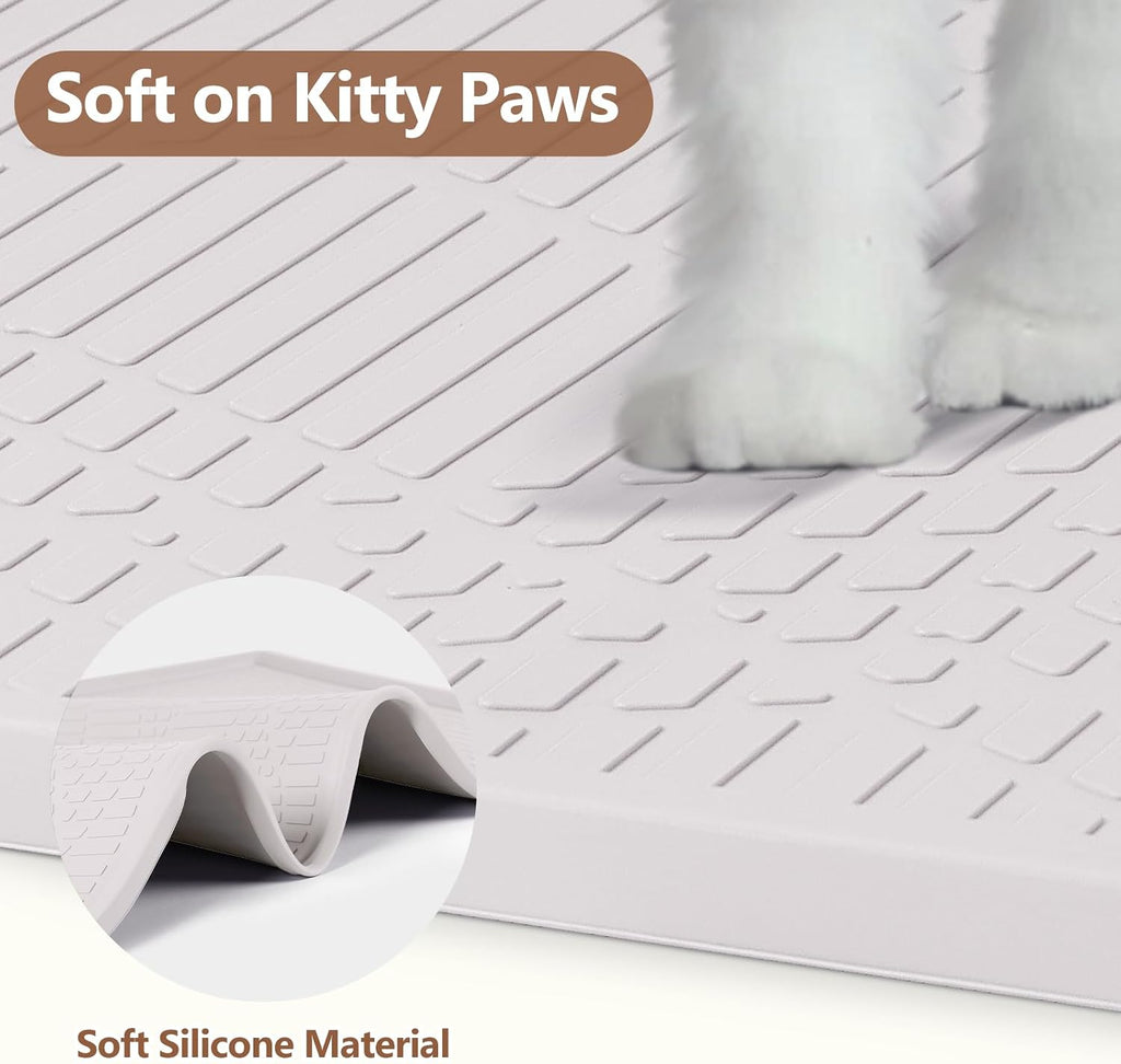 Silicone Cat Litter Box Mat 38'' x 25'' Cat Mat with Toy, White