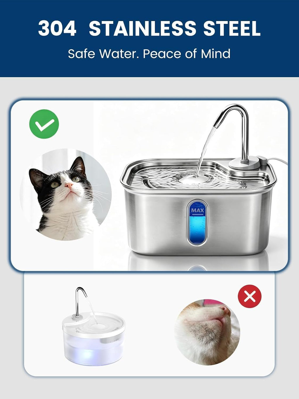 Cat Water Fountain Stainless Steel for Cats Indoor 2.5L 85oz by BPA-Free SUS304, Effective 6-Layer Filter Cat Fountain for Drinking 15dB Ultra Quiet Metal Pet Water Fountain (Fountain+4 Filters)
