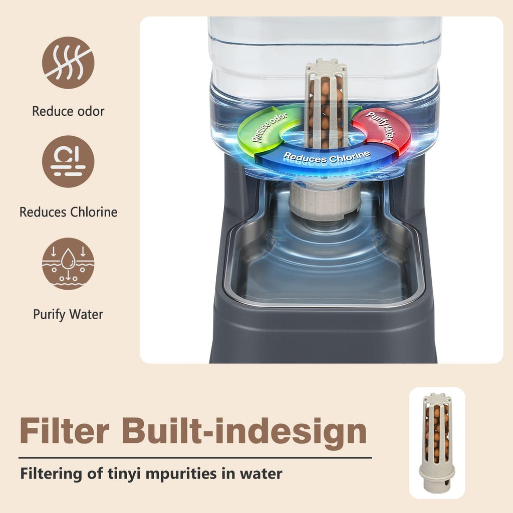 1.1 Gallon Pet Automatic Dog Water Dispenser Cat Gravity Waterer Feeder with Stainless Steel Bowl 8L Large Capacity Puppy Feeding Raised Bowls with Filter,Ice Pack (Charcoal Gray, 4L(1.1 Gallon))