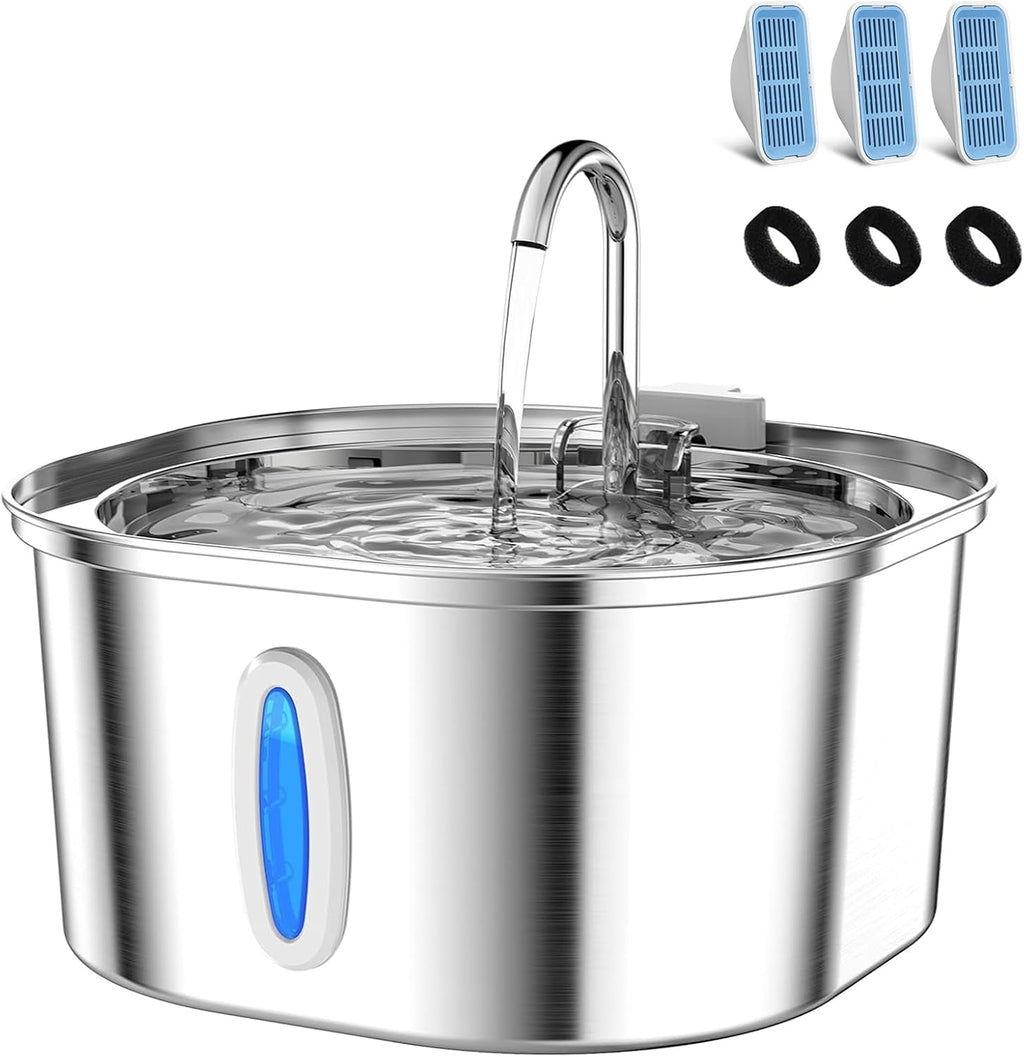 PEKTACO Stainless Steel Cat Water Fountain with 3 Filters, 3.2L/108oz