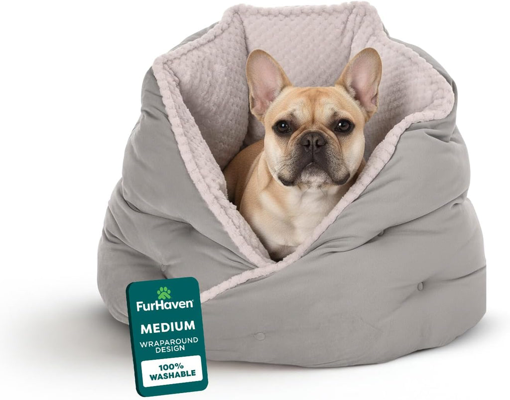 Furhaven 24" Round Pet Bed for Indoor Cats & Medium/Small Dogs, 100% Washable, For Pets Up to 35 lbs - Minky Plush & Velvet Hug Bed - Silver Gray, 24-inch