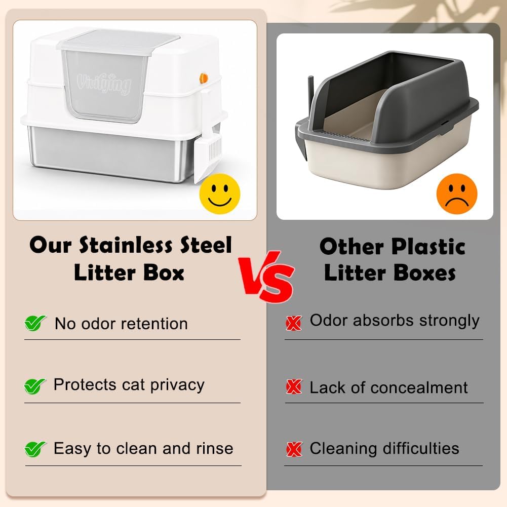 Vivifying XL Enclosed Stainless Steel Cat Litter Box with Lid, Beige | Spacious High-Sided Design with Removable Front Flap, Three Setup Modes, Scoop, and Easy-Clean Stainless Steel Pan