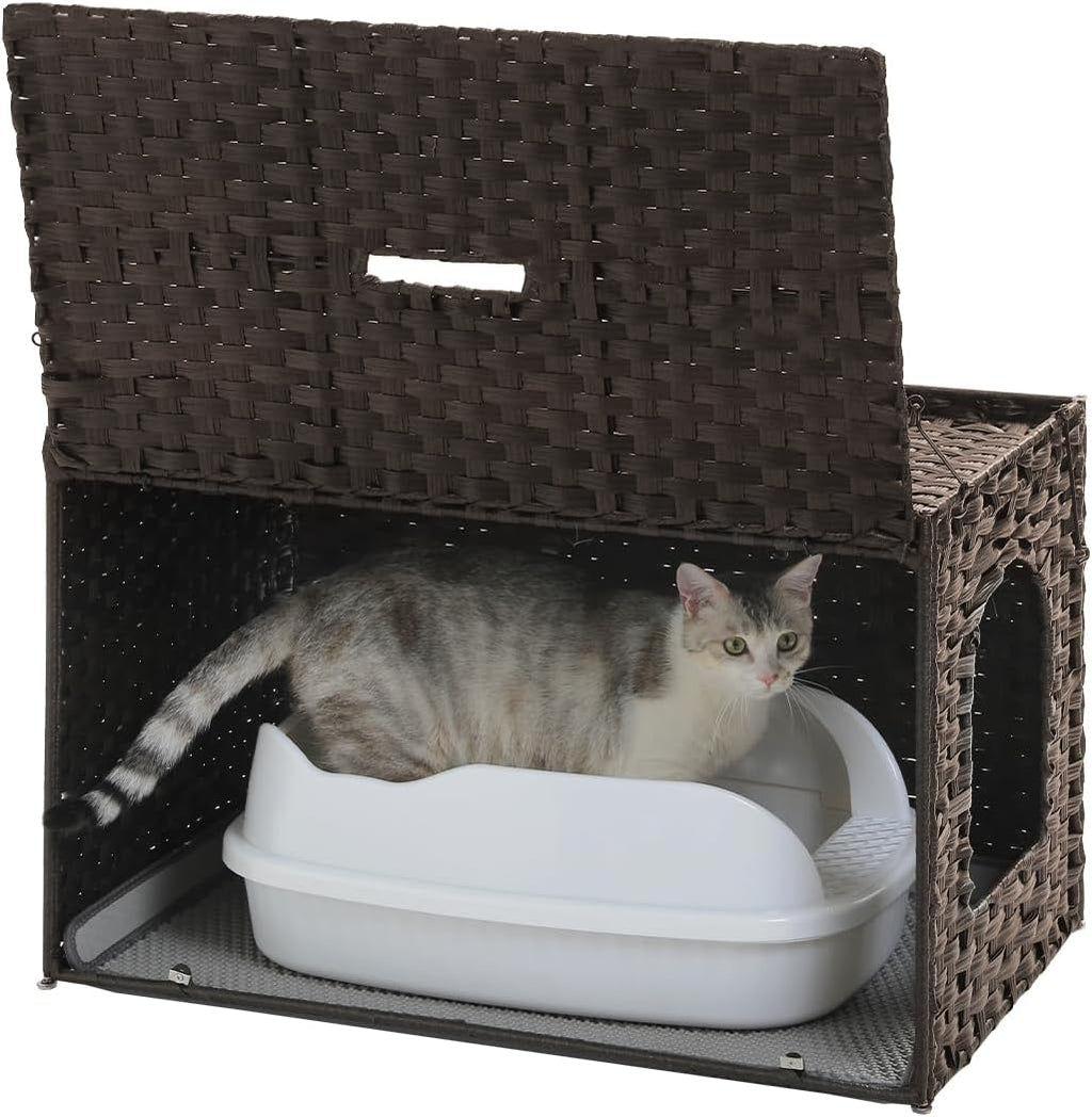 MUTTROS Rattan Cat Litter Box Enclosure - Hidden Litter Box Furniture by Handwoven Wicker with Taller Doorway & Raised Edge Mat-Cat House Cabinet for Large Cats Indoor Living Room Odor Control, Brown