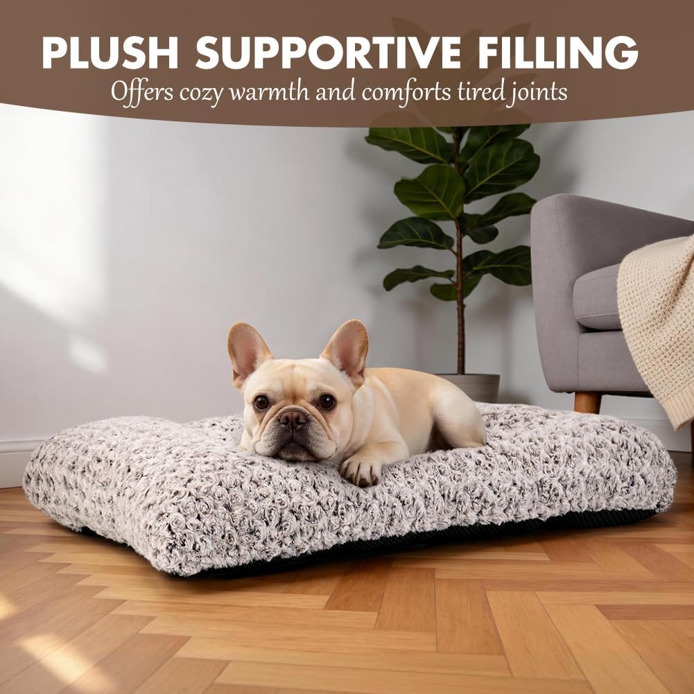 Dog Bed Crate Pad - Rosette Pattern White Velvet Pet Bed Anti-Slip Comfy Kennel Pad for Crates Rosette Brown L