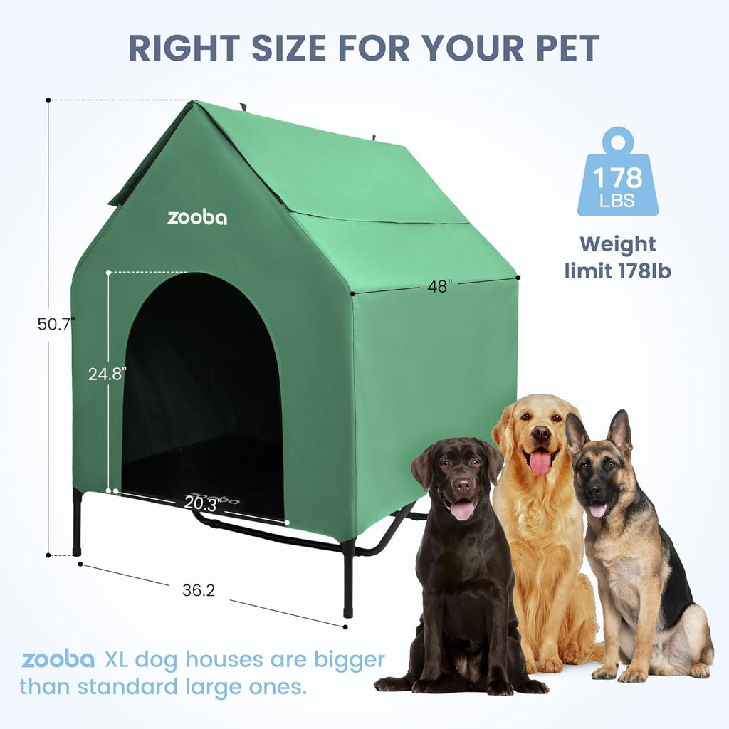 Zooba 48in XL Dog House Outdoor, Elevated Dog Bed with Canopy, Green