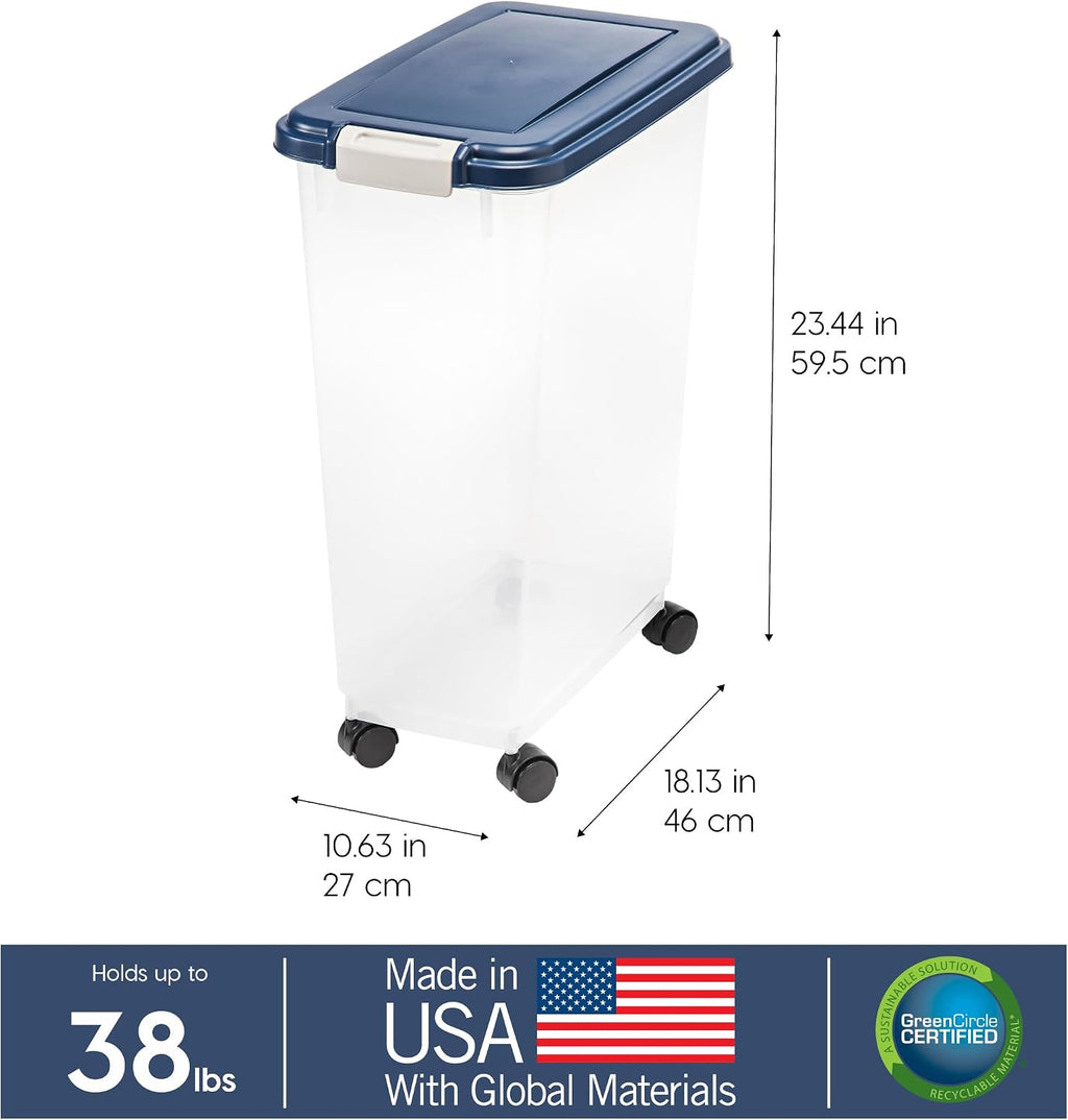 IRIS USA Dog Food Storage Container, Up to 38 lbs, Navy, Made in USA | Wheels for Mobility, Airtight Seal, BPA-Free, Best for Bird Seed, Cat food, Cat Litter, Chicken Feed, Pellets 