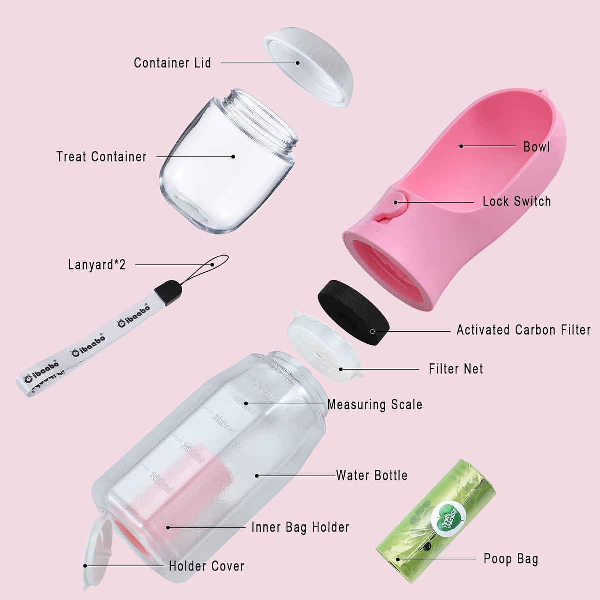Cibaabo Dog Water Bottle with Food Container & Poop Bag Holder & Filter | Feeding & Hydration & Waste All in One | Travel Puppy Water Bowl | Portable Pet Dispenser | Girl Dog Accessories for Walking