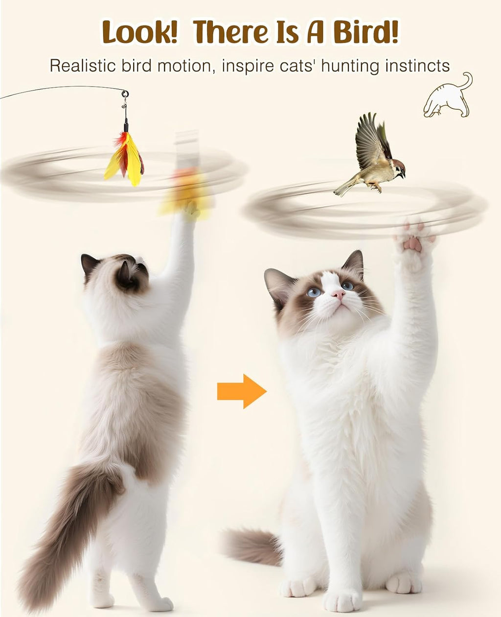 Pawaboo Cat Feather Wand Interactive Toy, 2 Feathers + 1 Wand with Bell | Cat Feather Teaser Toys Flying Catcher Extra Long 34.5" Wand Exerciser Playing Chase Cat Toy Wands for Kitten, Yellow& Red