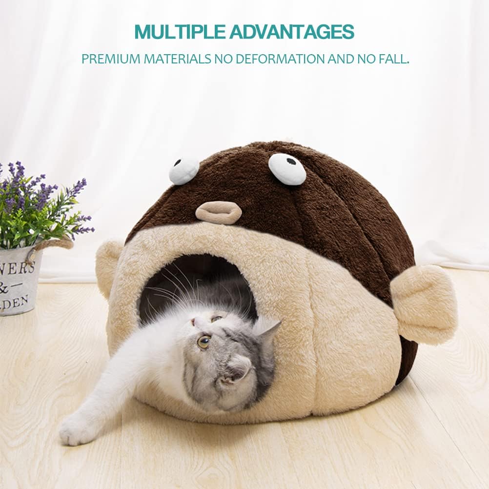 Cat Beds for Indoor Cats-Cat Bed Cave,Cute Lively Pufferfish Shape,Brown L