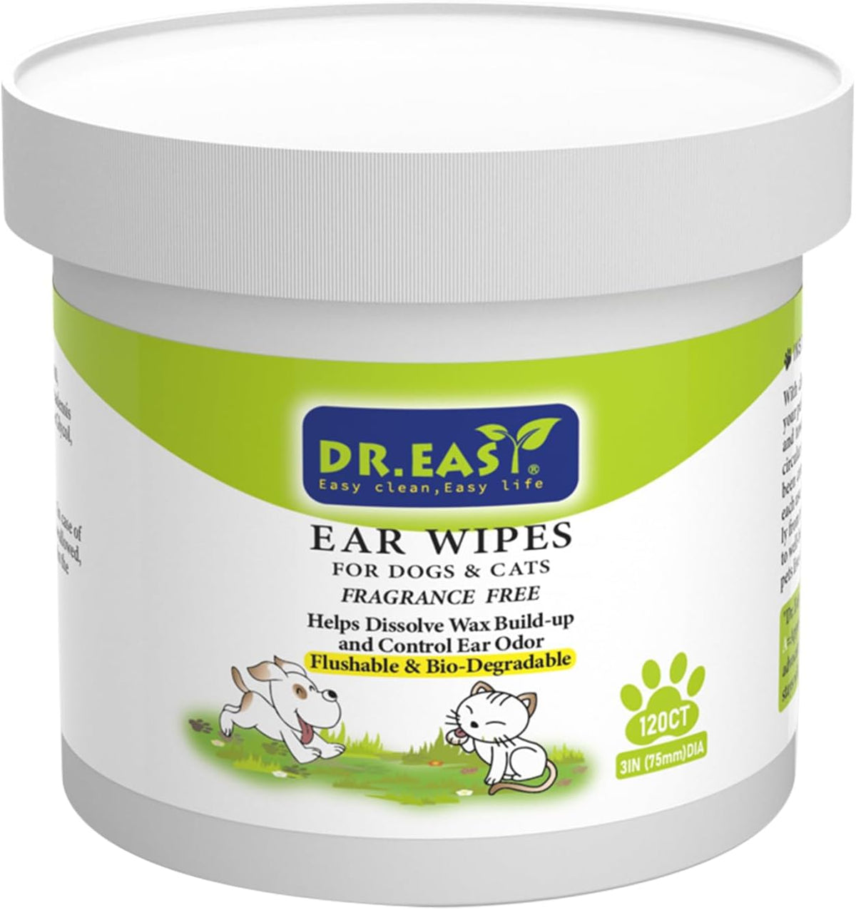 Dr.Easy Pet Ear Wipes 120ct for Dogs & Cats,No Fragrance,Helps Dissolve Wax Build-Up and Control Ear Odor,flushable Gentle Soft and high Absorbency,Lock in Liquid,Stop Ear Itching,Natural Cleansing.