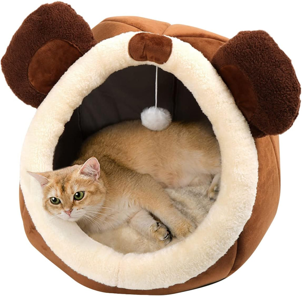 Cat Beds for Indoor Cats -Bear Animal-Shaped Cat Cave Bed with Toy ,Brown L