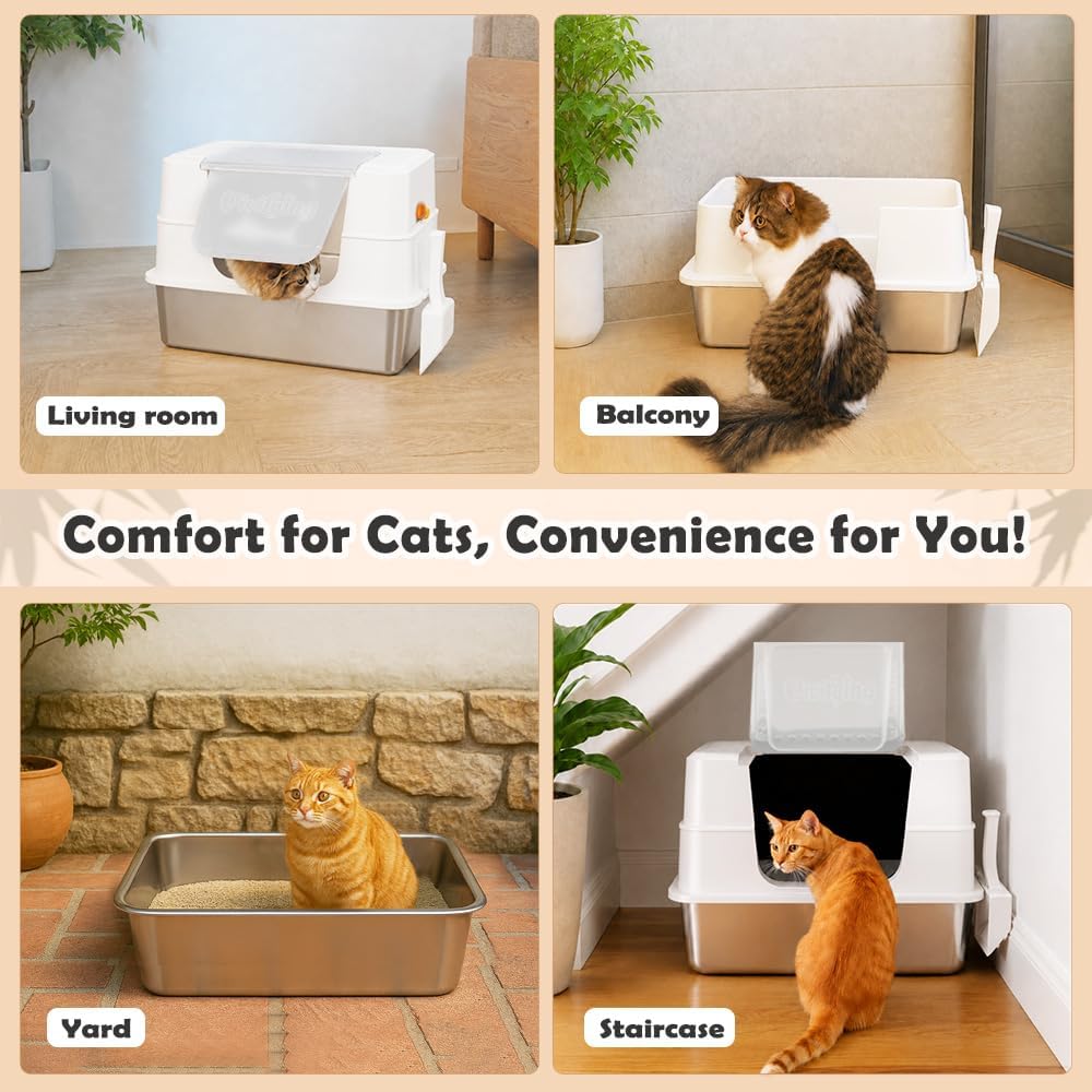 Vivifying XL Enclosed Stainless Steel Cat Litter Box with Lid, Beige | Spacious High-Sided Design with Removable Front Flap, Three Setup Modes, Scoop, and Easy-Clean Stainless Steel Pan