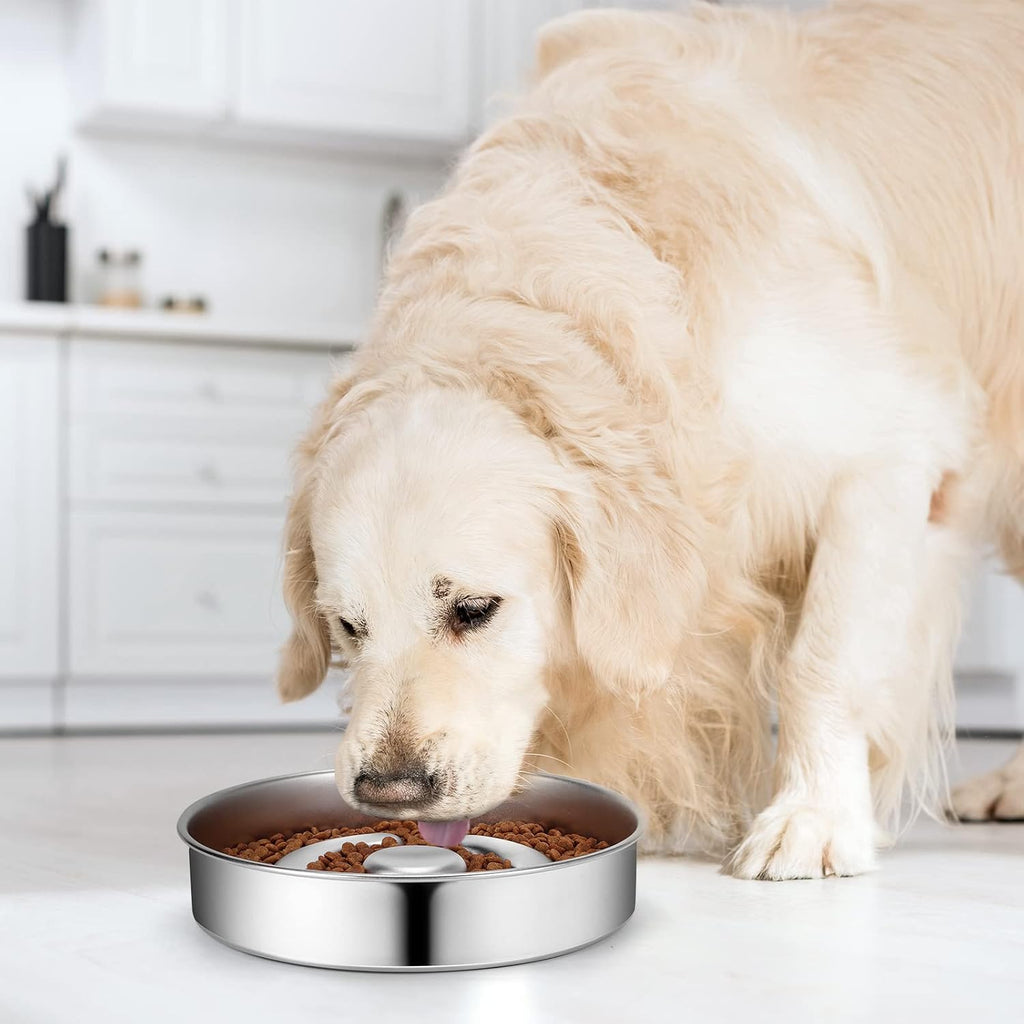 Stainless Steel Slow Feeder Dog Bowl | Metal Dog Food Bowls | 4 Cups for Medium & Large Dogs | Non-Slip Dogs Water Bowl | Fun Bloat Stop Pet Bowl for Fast Eaters | Slows Down Pets Eating