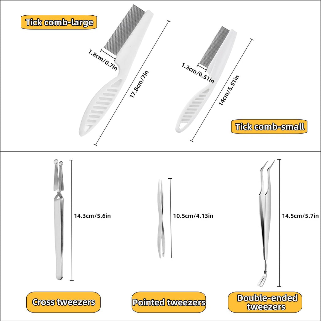 6 pcs Tick Removal Tool kit for Pets, 3 Stainless Steel Tick Tweezers with Storage Pouch and 2 Tick Comb Grooming Tools for Cats & Dogs Safe Tick Control Puller for Removal of Ticks Fleas