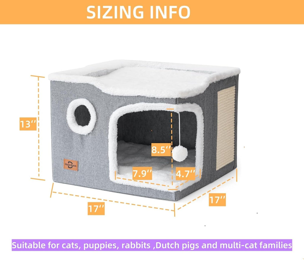 Cat House Bed for Indoor Cats with Fluffy Ball and Scratch Pad,Light Grey