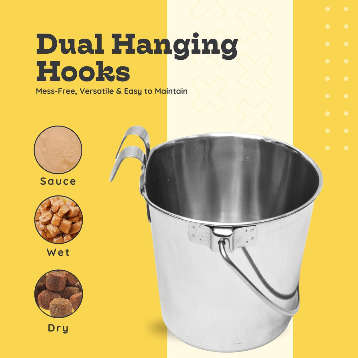 6 quart Stainless Steel Flat Sided Bucket with Dual Hooks | 1.5 gal Durable Food & Water Bowl for XL Dog Goat Sheep & Livestock | Fits kennel Cage Critter Crate | Hanging Utility Pet Pail