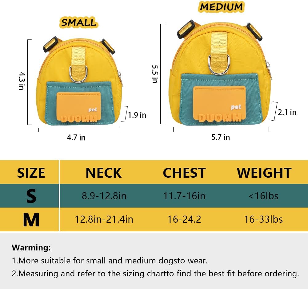 Dog Backpack Harness with Leash,Cute Pet Puppy Backpacks Bulid-in Dog Poop Bag Dispenser,Adjustable Pets Self Carrier Bag for Small Medium Dogs Travel Hiking Daily Walking(M, Yellow)