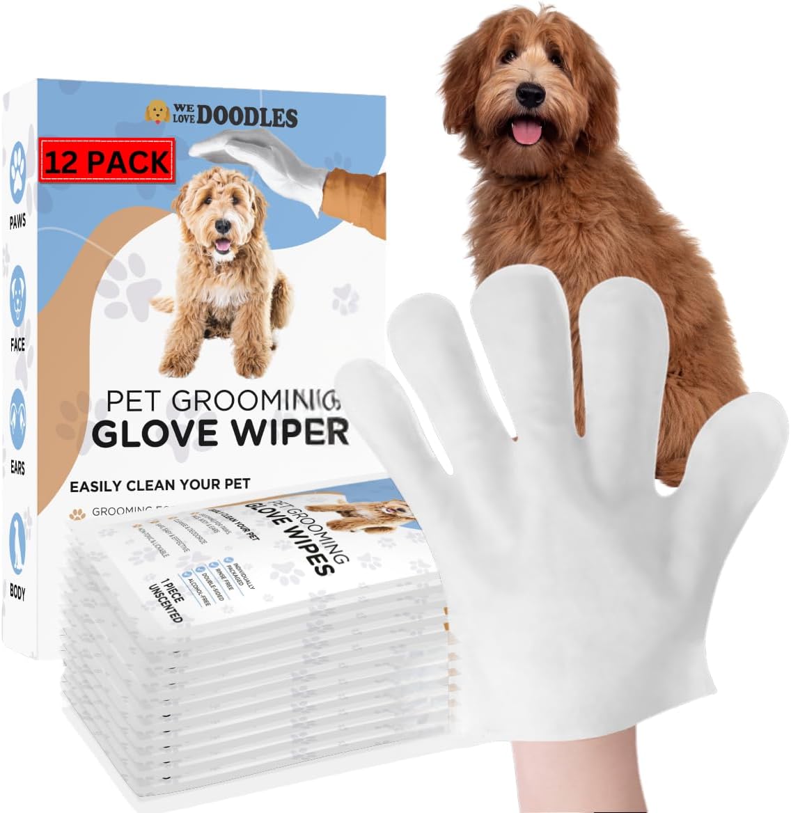 Pet Glove Wipes for Dogs, Double-Sided Cleaning, Paws Face Body Ears 12 PCS