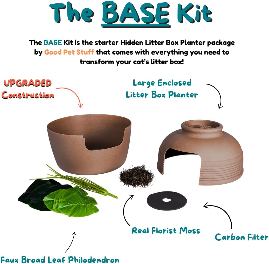 Good Pet Stuff Original Hidden Litter Box Planter, Decorative Cat Litter Enclosure, Carbon Filter, Faux Plant, Round Design, Easy to Clean, Base Kit, Broad Leaf Philodendron, Terracotta Brown