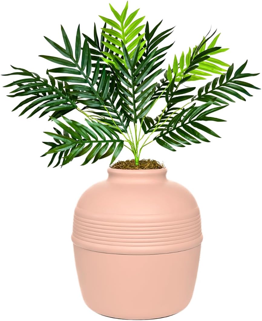 Good Pet Stuff Original Hidden Litter Box Planter, Decorative Cat Litter Enclosure, Carbon Filter, Faux Plant, Easy to Clean, Round Design, Removable Tray, Essentials Kit, Palm Plant, Blush Coral