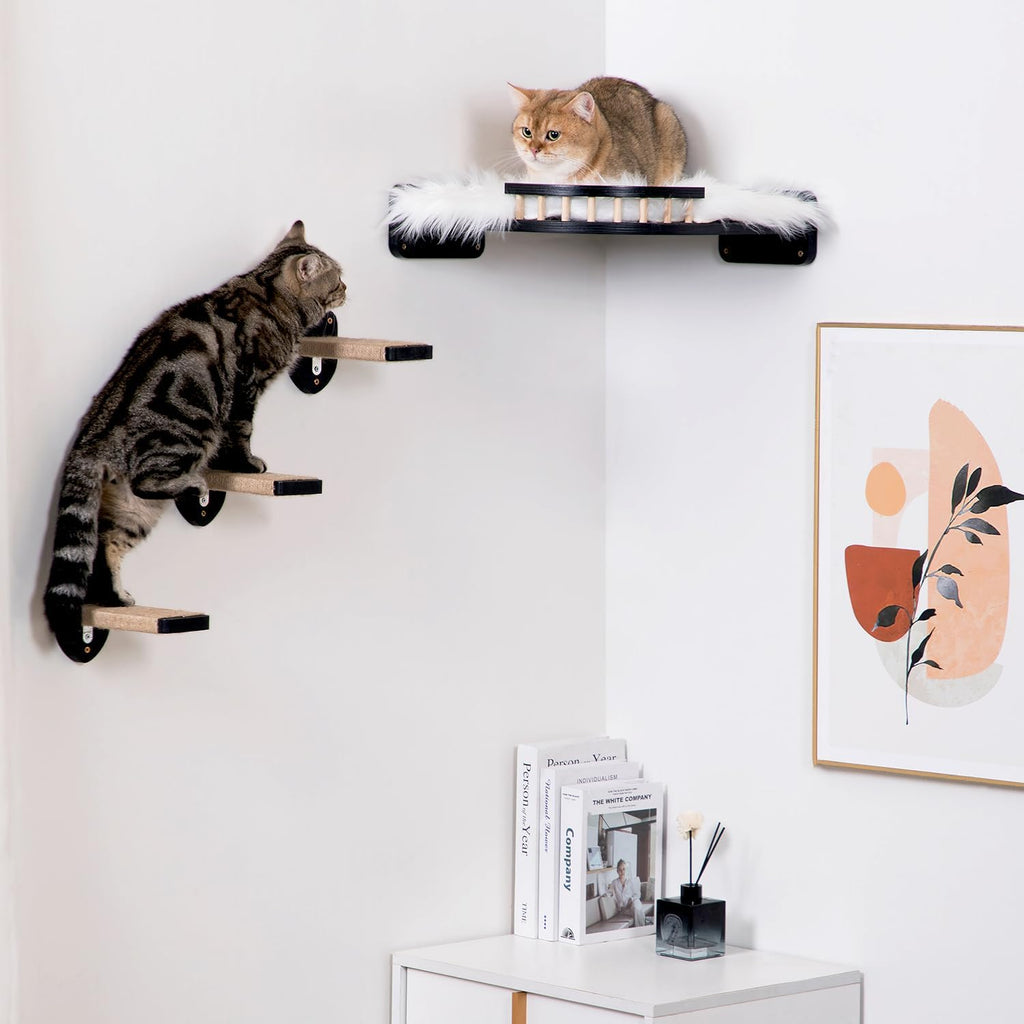 Cat Shelves - 3-Step Wall Climbing Set with Plush Covered Bed, Corner Mounted for Large Cats