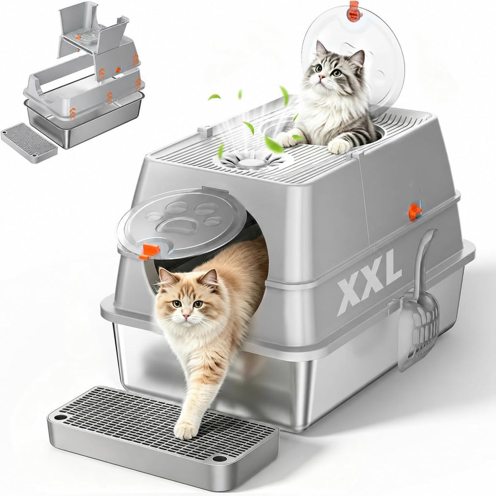 XXL Enclosed Stainless Steel Litter Box with Lid, Flip-Top, Gray