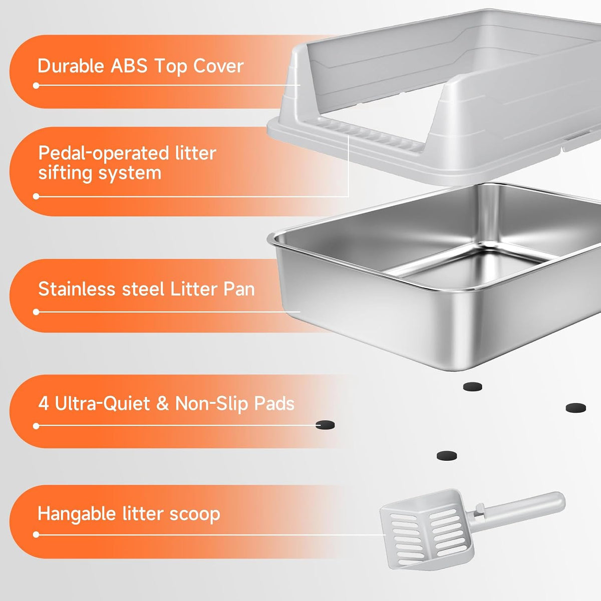 Stainless Steel Cat Litter Box for Small Cats, Odor Free Metal Litter Box | High Sides Lid Open Top Low Entry Litter Pan Easy Cleaning Kitty Cat Box Anti-Urine Leakage Non-Sticky Include Scoop