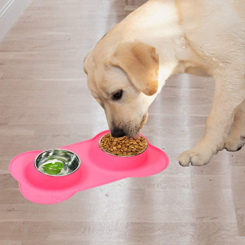 AsFrost Dog Food Bowls Stainless Steel Pet Food Bowls & Dog Water Bowls, Dog Bowls Silicone Mat No Spill Non-Skid Feeding Bowls for Small Size Dog Puppy Cat Food Dish, Pink, 3 Cup/24oz, Set of 2 Bowls 