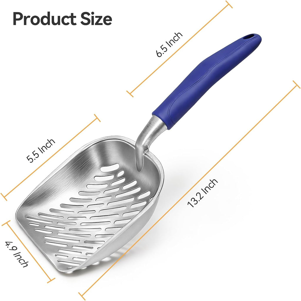 Cat Litter Scoop, Large Long Handle Kitty Metal Scooper | Heavy Duty Aluminum Deep Sifter, Ergonomic Non-Slip Grip, Rustproof Durable Poop Cleaner for Cat Litter Box
