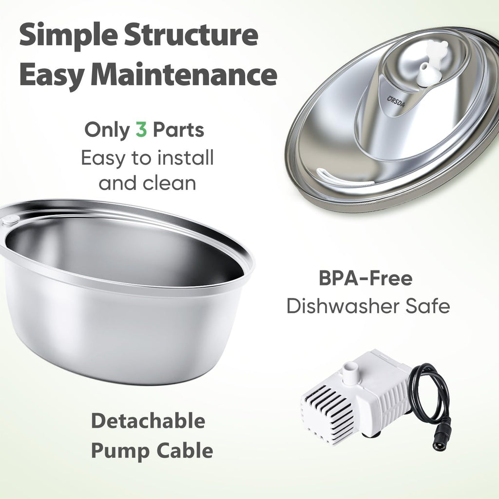 ORSDA Cat Water Fountain Stainless Steel, D60/3L Automatic Pet Drinking Fountain for Cats Inside, Dog Water Dispenser with Adjustable Water Flow and 6 Replacement Filters for Cats, Dogs (D60)