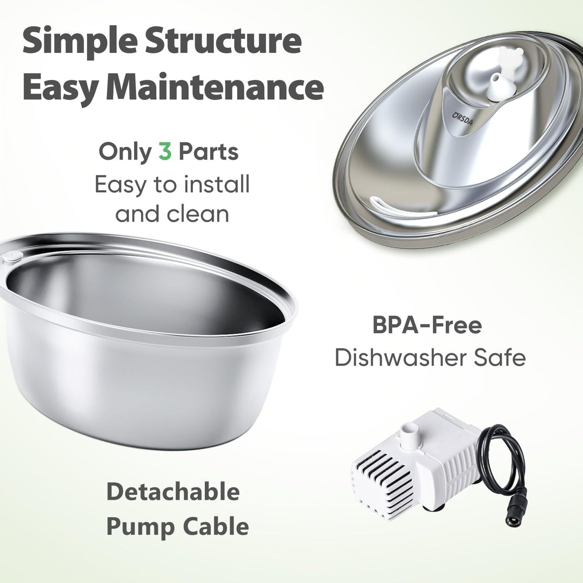ORSDA Cat Water Fountain Stainless Steel, D60/3L Automatic Pet Drinking Fountain for Cats Inside, Dog Water Dispenser with Adjustable Water Flow and 6 Replacement Filters for Cats, Dogs (D60)