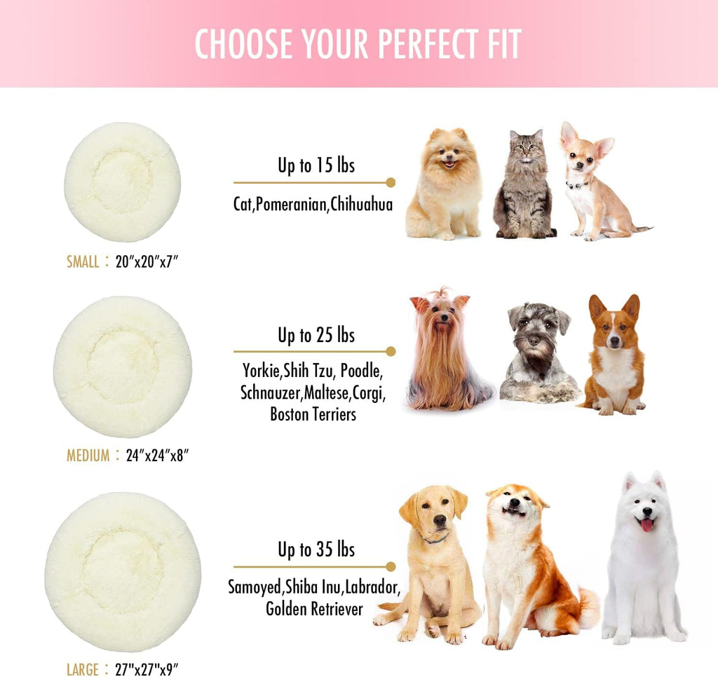 Anti Anxiety Round Fluffy Plush Faux Fur Warm Washable Dog Bed & Cat Bed, Original Bed for Small Medium Large Pets,Used to Relieve Joints and Improve Sleep（20"/24"/27''） (20", White)