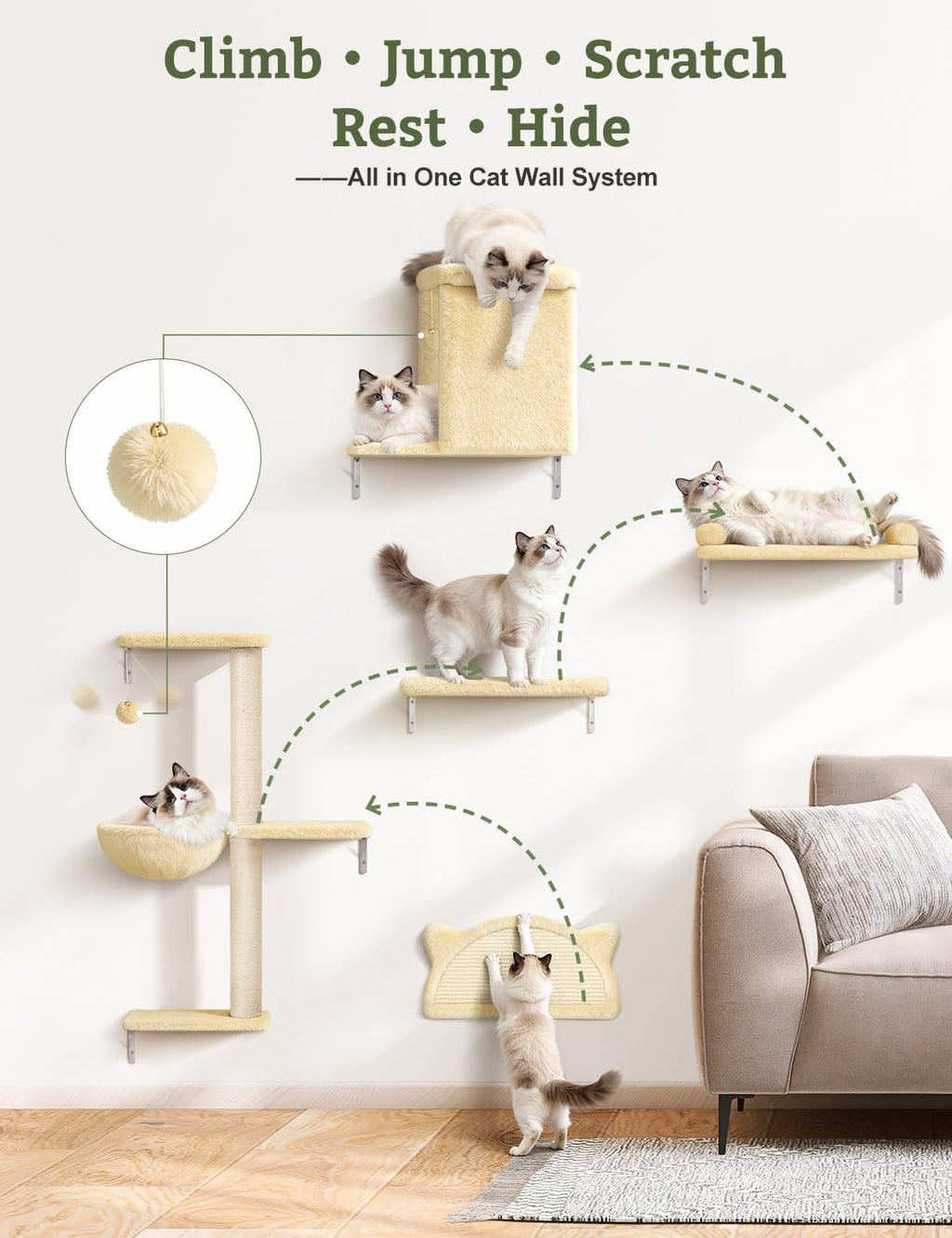 5-in-1 Cat Wall Shelves, Solid Wood Cat Wall Furniture Set for Indoor Cats