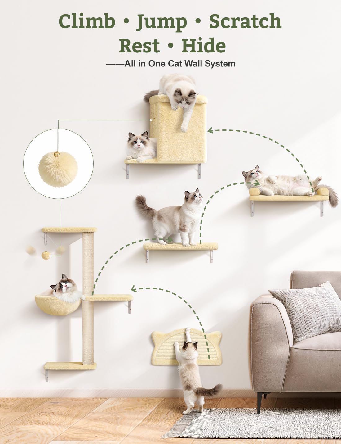 5-in-1 Cat Wall Shelves, Solid Wood Cat Wall Furniture Set for Indoor Cats