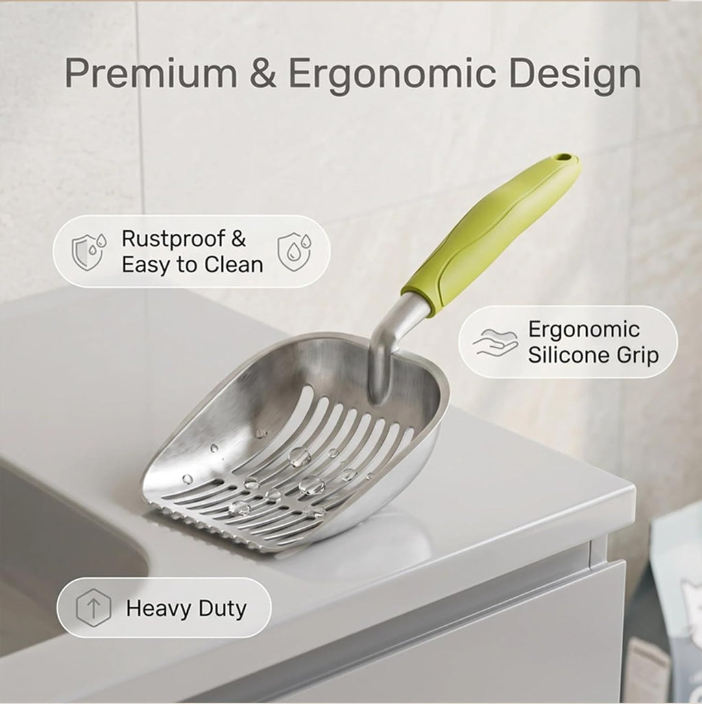 Heavy Duty Cat Litter Scoop with Holder - All Metal Cat Litter Scooper with Holder - Reduces Dust & Waste - Kitty Litter Sifting Shovel Comfy Handle - Stainless Steel Cats Litter Scooper