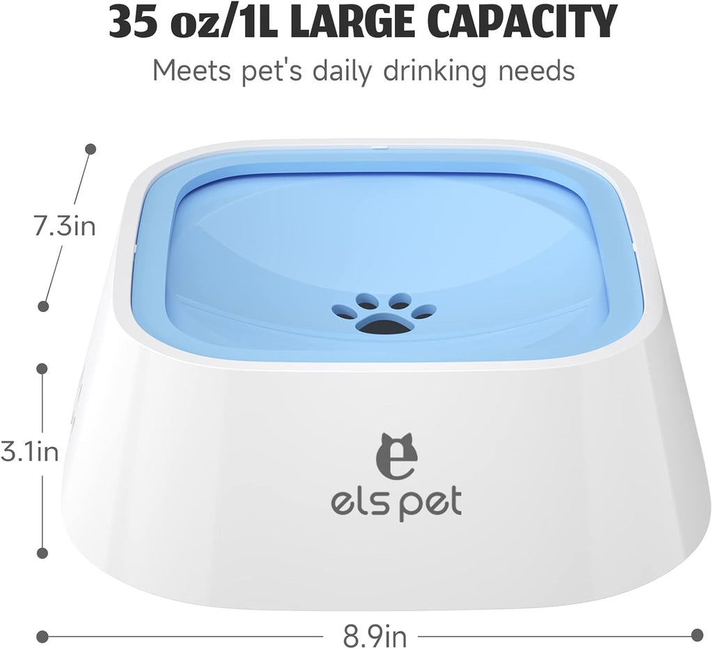 ELS PET No Spill Dog Cat Bowl 35oz 1L Anti Slip Travel Water Dispenser Blue | 35oz 1l travel, floating disk slow drink, dual spill proof, anti slip, car crate use, dishwasher safe, no wet mouth, dog cat