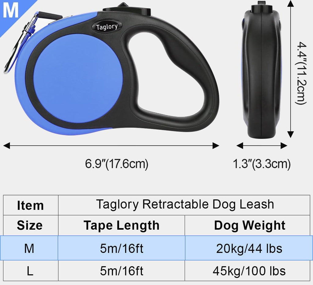 Taglory Retractable Dog Leash, One-Handed Brake, 16ft, Up to 44 lbs, Blue